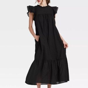 Who What Wear Black Ruffle Short Sleeve Back Tie MidiDress Size S
